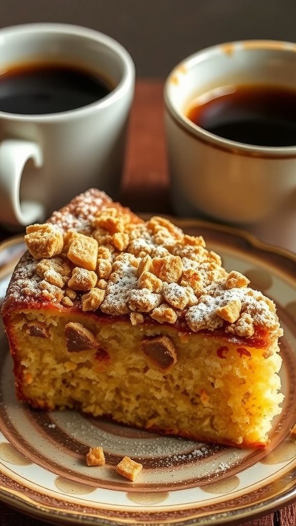 Moist coffee cake with cinnamon streusel served with a cup of coffee.